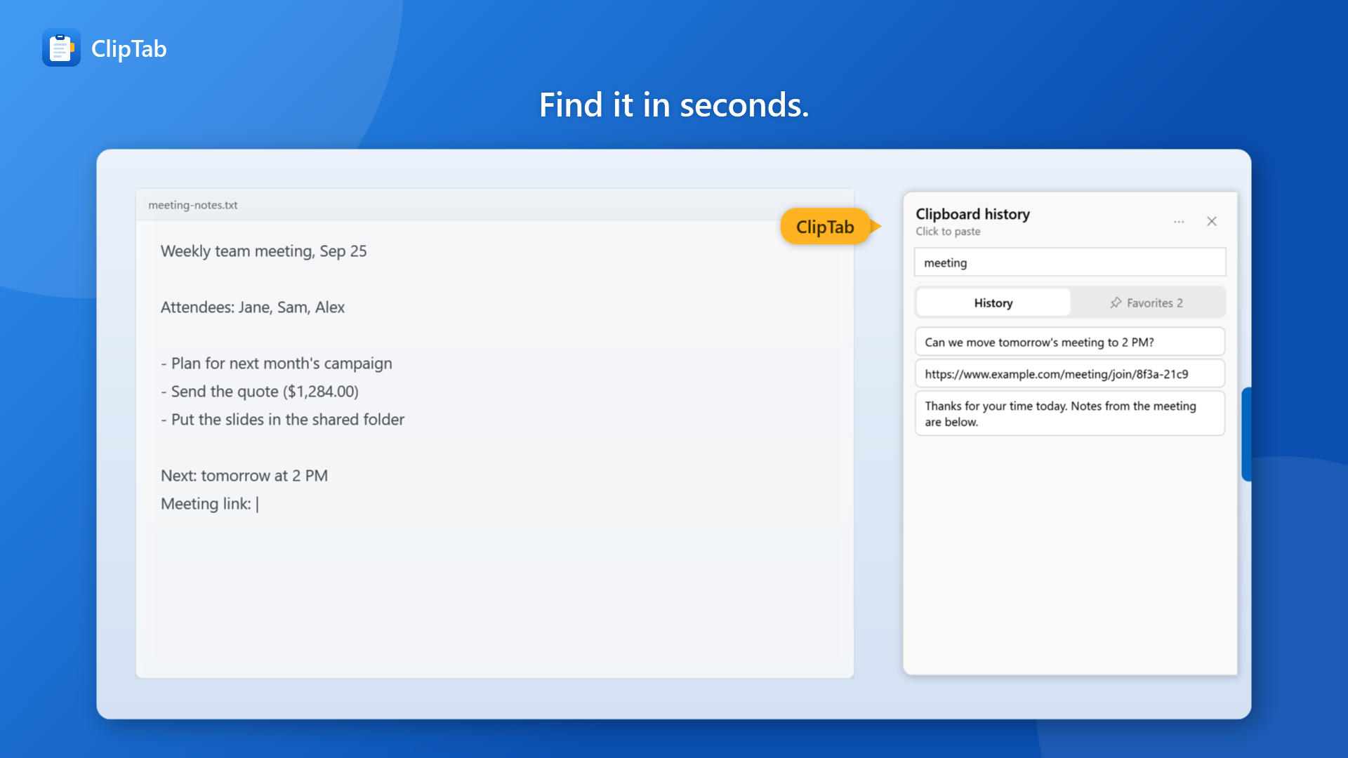 Type a keyword to find an item in your history