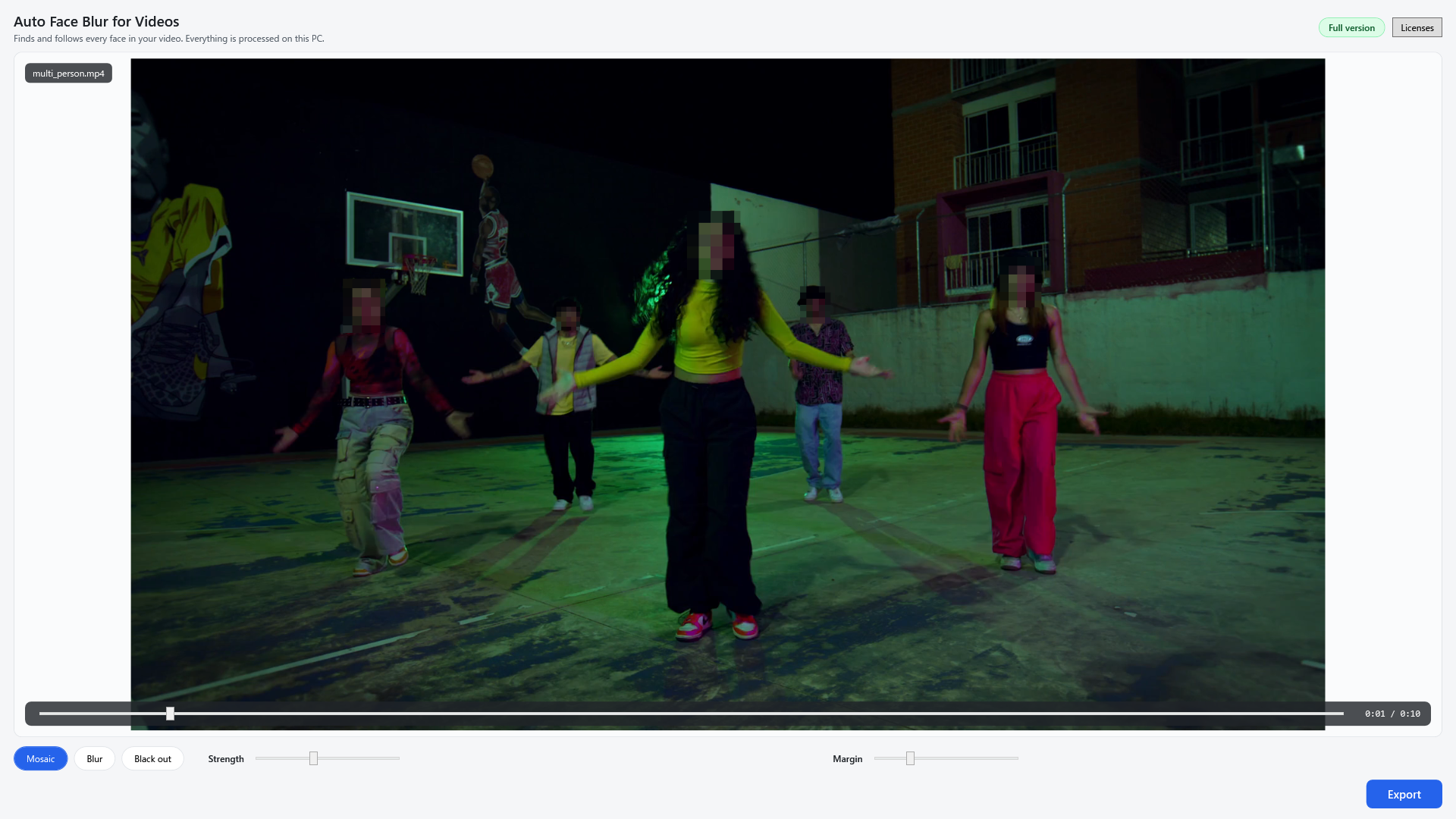 Auto Face Blur for Videos showing five people dancing on a basketball court at night, each face pixelated