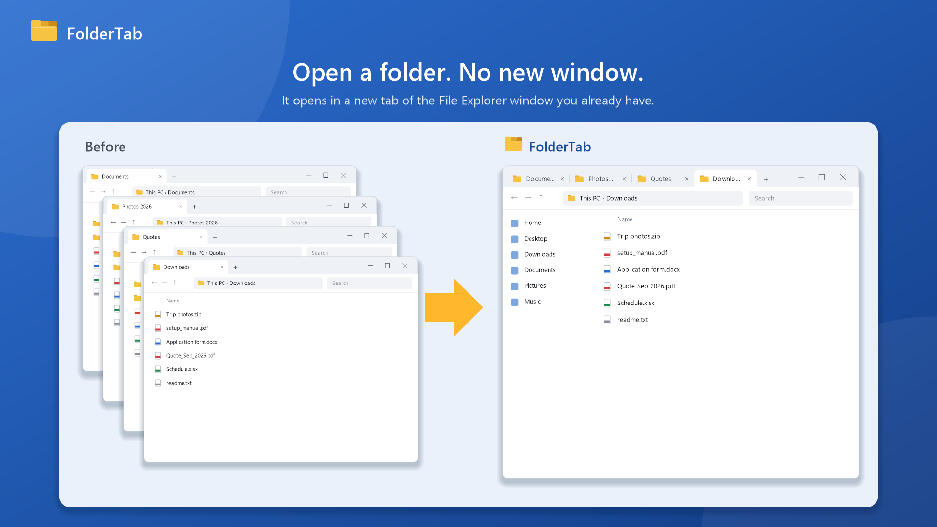 Before: each folder opened a new overlapping window. With FolderTab: the folders line up as tabs in one window