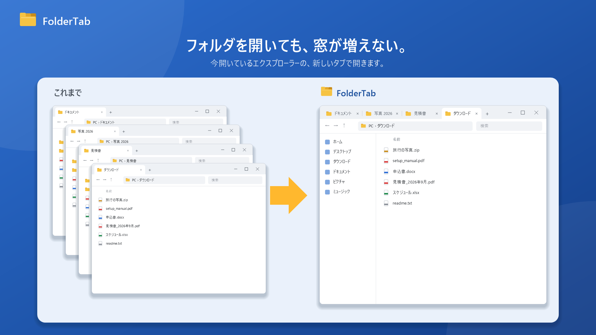 フォルダを開くたびにウィンドウが重なっていた画面と、FolderTab で1つのウィンドウにタブとして並んだ画面の比較