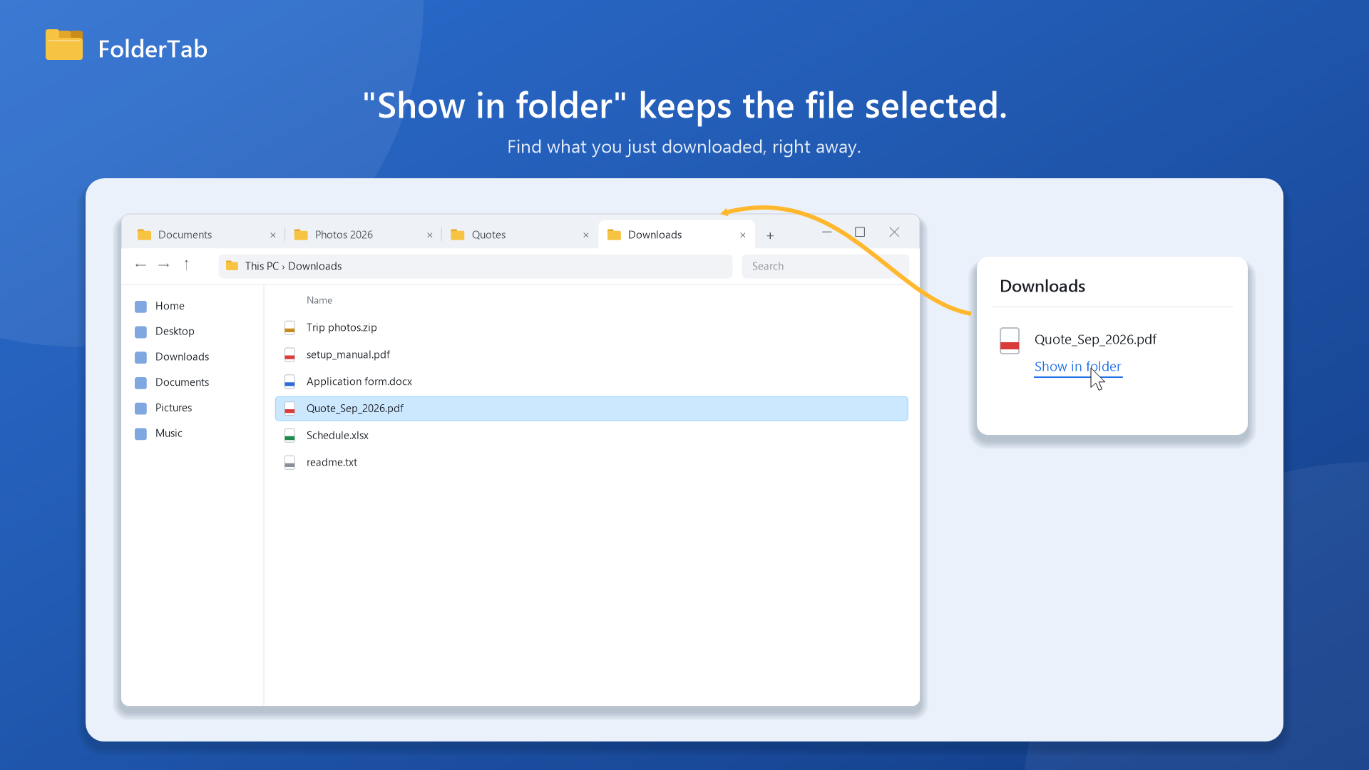 "Show in folder" opens in a new tab with the file still selected