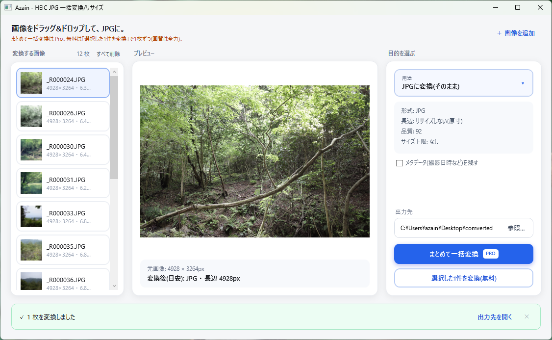 HEIC JPG 一括変換/リサイズ の画面。左に変換する画像の一覧、中央にプレビュー、右に変換設定が並ぶ